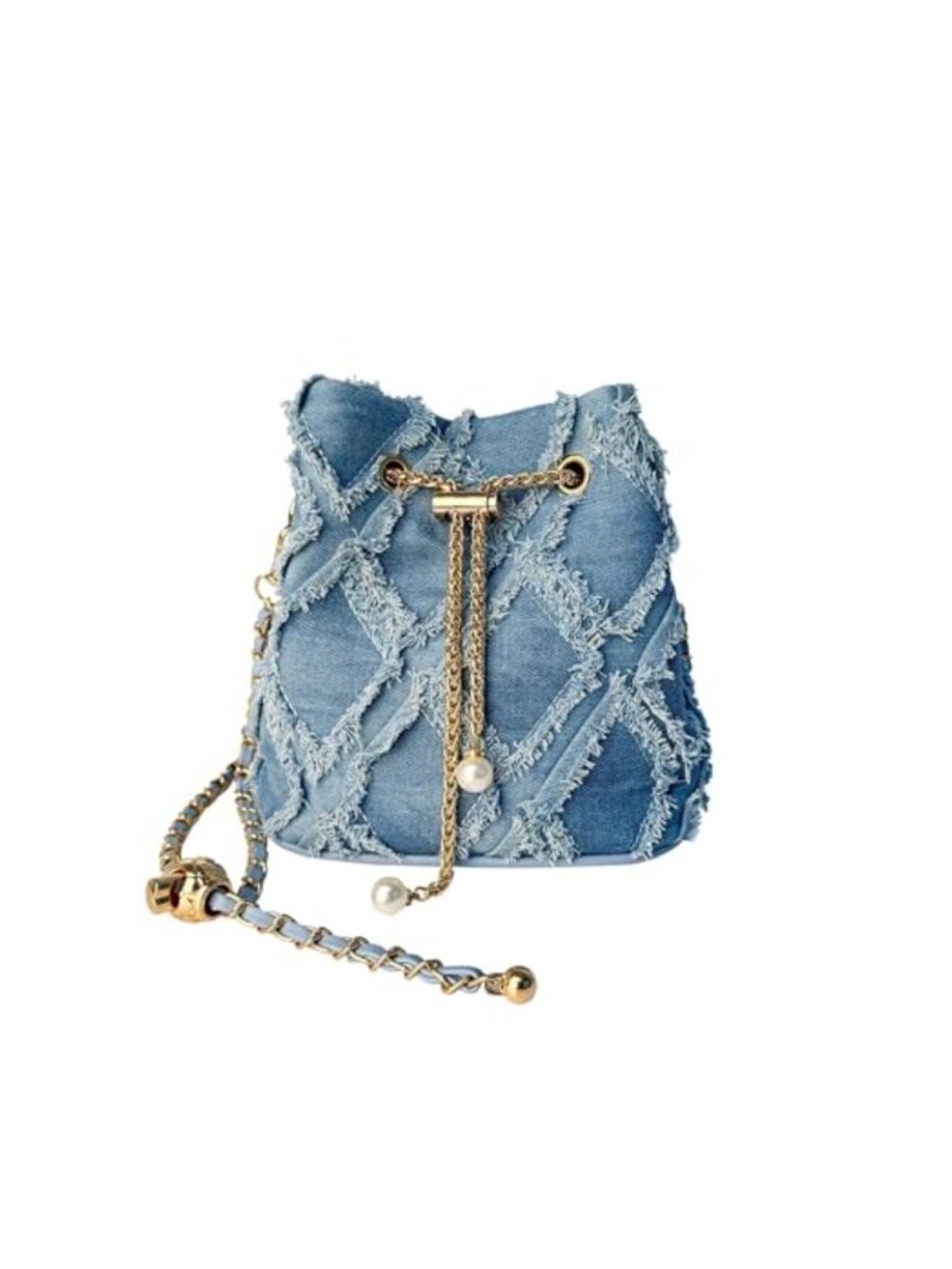 Denim Quilted Drawstring Crossbody Bucket Bag Purse